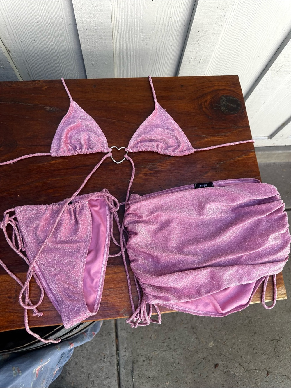 Pink Shimmer Triangle Bikini Set with Heart Ring